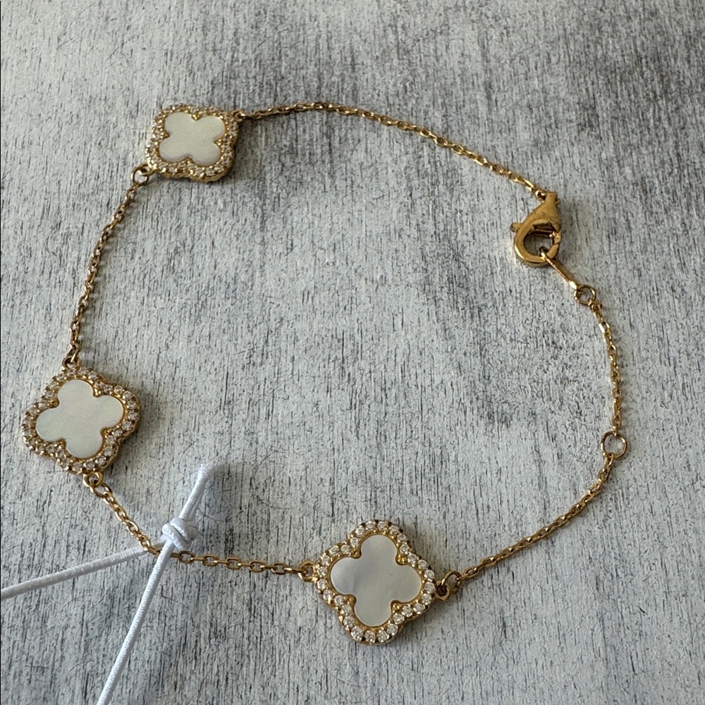 Rachel Zoe Gold Plated 925 Ster Silver Revers Bracelet Pave 3 Clover Moth OPearl - Picture 10 of 15